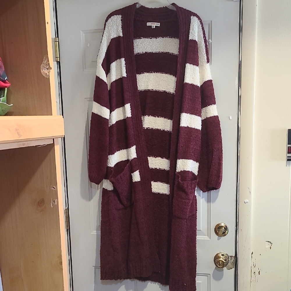 Women's Striped Cardigan Sweater - Burgundy and White